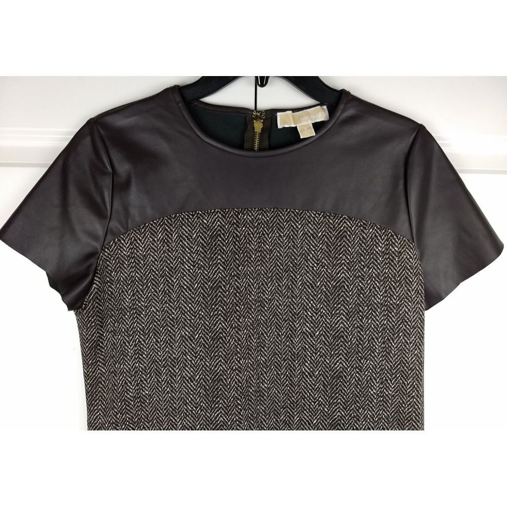 Michael Kors Sheath Dress Brown Tweed Faux Leather Short Sleeve‎ Womens 8